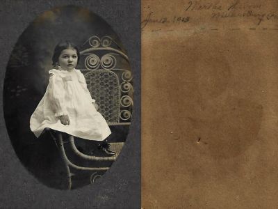 Martha C. Walborn

THIS HAS BEEN RETURNED TO FAMILY

This Cabinet Card Photo States: "Martha Walborn, 12 January 1903, Millersburg, PA"

The Photographers name is "Noll", Millersburg, Pennsylvania
