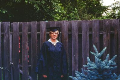 Gladys Rinehart

THIS HAS BEEN RETURNED TO FAMILY

This 35MM Slide States: "Mom in Graduation cap & gown, Stark Tech College, Massillon, Ohio, 14 June 1978".

This is  Gladys Rinehart
